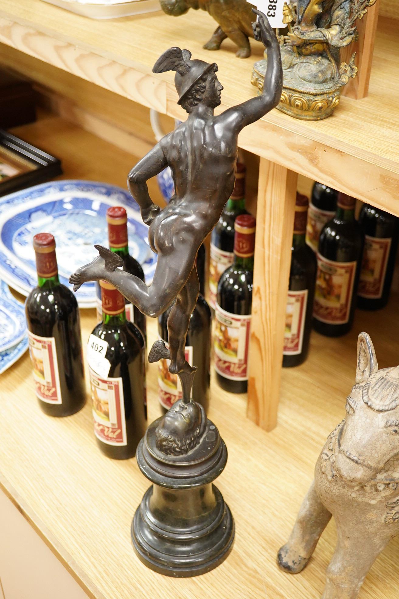 After Giambologna (Flemish, 1529-1608), a 20th Century bronze of Mercury, raised on green serpentine base, 61cm high